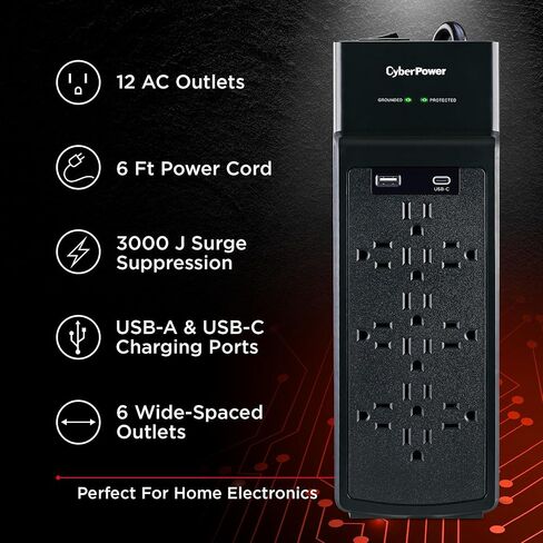 CyberPower CSP1206UC Surge Protector, 3000J, 12 Outlets, 1 USB-A, 1 USB-C, 6 Foot Power Cord, Black, ETL in Saudi Arabia