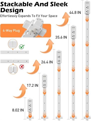 Electrical Outlet Extender Stick, 4-Way Directional Plug Expander, USB-C/2 USB-A & 2 AC Outlets, 8''-45'' Extendable, Secure Screw Mount for Sofa Bedside Home Office,Hard-to-Reach Outlets Solution in Saudi Arabia