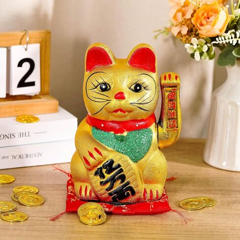 Suzile 2 Pcs 9'' Lucky Cat Maneki Neko with Waving Arm Chinese Feng Shui Beckoning Cat for Lunar New Year Home Office Restaurant Shop Opening Gifts Decor, Battery Operated (Battery Not Included) in Saudi Arabia