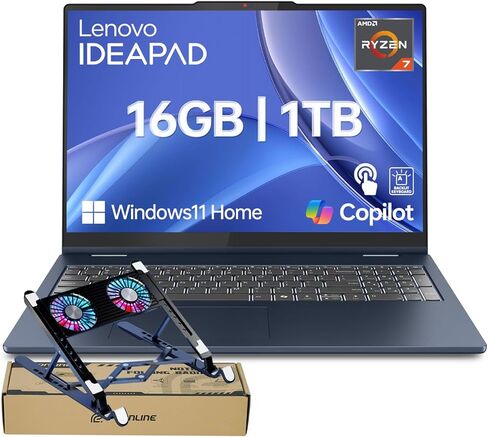 كمبيوتر محمول Lenovo IdeaPad Slim 5، شاشة لمس 16 بوصة FHD+، Ryzen 7 350 (4 نانومتر، 16 خيط، حتى 5 جيجا هرتز، Beats Ultra 7 155U)، ذاكرة الوصول العشوائي 64 جيجابايت، 2 تيرابايت SSD، Wi-Fi 7، W11H، Copilot AI PC، أزرق، حزمة مع مبرد كمبيوتر محمول PCO in Kuwait