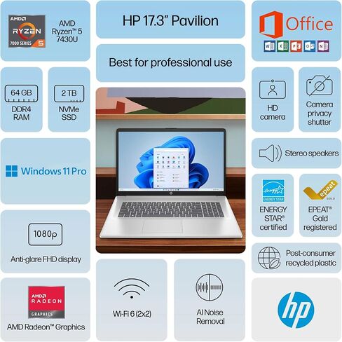 كمبيوتر HP 17 الأساسي للكمبيوتر المحمول، 17.3 IPS FHD Business PC، 6-Core AMD Ryzen 5، ذاكرة الوصول العشوائي 64 جيجابايت، تخزين 2 تيرابايت (2 تيرابايت SSD + 500 جيجابايت تحويلة)، Windows 11 Pro Copilot AI Lifetime Office، HubxcelAccesory، لوحة أرقام in Kuwait