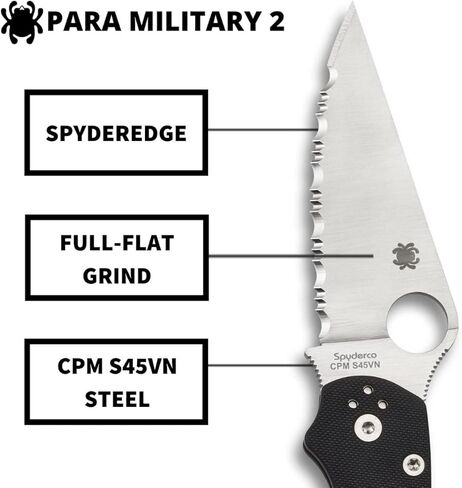 سكين جيب Spyderco Para Military 2 قابل للطي مع شفرة فولاذية 3.4 بوصة CPM S45VN ومقبض G-10 - سكين EDC للرجال والنساء، مثالي للصيد والتكتيكي والتخييم والبقاء على قيد الحياة - SpyderEdge - C81GS2 in Saudi Arabia