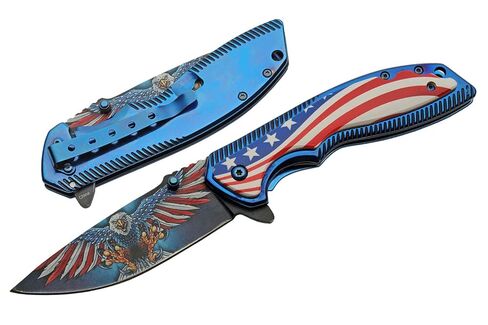 SZCO 8.25" American Eagle Titanium Finished Handled EDC Folding Knife With Pocket Clip, Red, White & Blue (300583) in Saudi Arabia