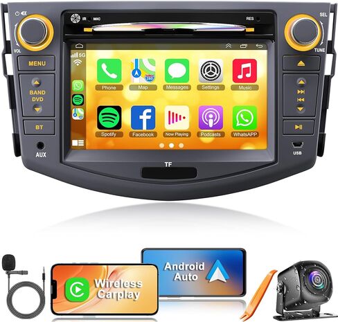 راديو سيارة لسيارة Toyota RAV4 2007 2008 2009 2010 2011 2012، شاشة لمس 7 بوصة تدعم CD/DVD، CarPlay وAndroid Auto، Bluetooth5.2 والتحكم الصوتي، كاميرا احتياطية وSWC، مستقبل راديو السيارة AM/FM in Kuwait