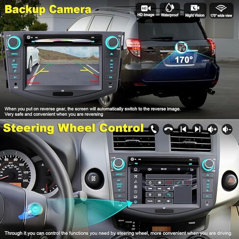 راديو سيارة لسيارة Toyota RAV4 2007 2008 2009 2010 2011 2012، شاشة لمس 7 بوصة تدعم CD/DVD، CarPlay وAndroid Auto، Bluetooth5.2 والتحكم الصوتي، كاميرا احتياطية وSWC، مستقبل راديو السيارة AM/FM in Kuwait