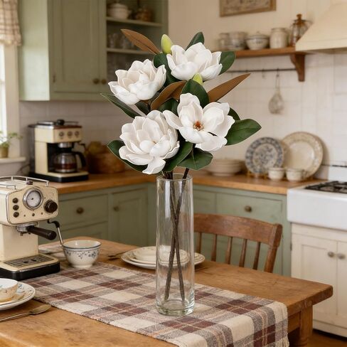 2PCS 33.5inch Artificial Magnolia Flowers with Green Magnolia Leaves and Fruit 3D Real Touch 2 Heads Long Stem Faux Magnolias Flower for Home Wedding Table Office Floral Arrangement Decoration (White) in Saudi Arabia