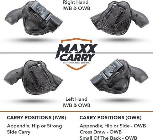 حافظة مسدس جلدية فاخرة من Maxx Carry Multi-Carry 4-Way OWB & IWB تناسب Ruger LCR وLCRx وSP101 | إس آند دبليو بودي جارد 38 خاص، إم آند بي 340 | برج الثور 85، 605، 856 والأنف الأفطس الآخر. in Kuwait