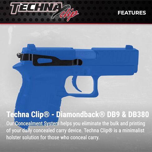 نظام إخفاء مشبك Techna لمسدسات Diamondback DB380/DB9 .380 و9 مم - مشبك مسدس فولاذي زنبركي عالي الكربون متين مع طبقة تيفلون 1500 - الجانب الأيمن، مشبك حافظة مسدس سهل التركيب (أسود) in Kuwait