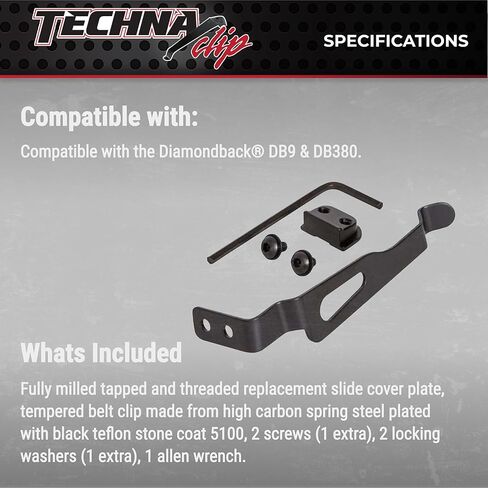 نظام إخفاء مشبك Techna لمسدسات Diamondback DB380/DB9 .380 و9 مم - مشبك مسدس فولاذي زنبركي عالي الكربون متين مع طبقة تيفلون 1500 - الجانب الأيمن، مشبك حافظة مسدس سهل التركيب (أسود) in Kuwait