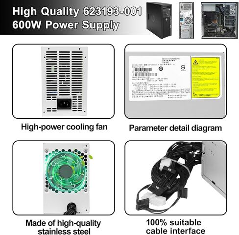 LXun ترقية DPS-600UB مصدر طاقة 600 واط متوافق مع محطة عمل HP Z420 استبدل 632911-001 623193-001 بديل لمصدر الطاقة HP 600W 623193-003 632911-003 (18Pin+8Pin+6Pin+6*SATA+IDE) in Kuwait