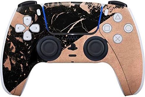 ملصق Skinit المخصص للألعاب المتوافق مع وحدة تحكم PS5 - تصميم منقسم من الرخام باللونين الأسود والذهبي الوردي in Kuwait