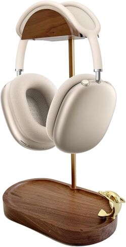Headphone Stand Wood, Wooden Headphone Stand for Desk, Solid Walnut Headset Holder with Storage Base Compatible with Airpods Max, Bose, Razer, Sennheiser, Shure, Jabra, JBL, AKG, Brass in Saudi Arabia