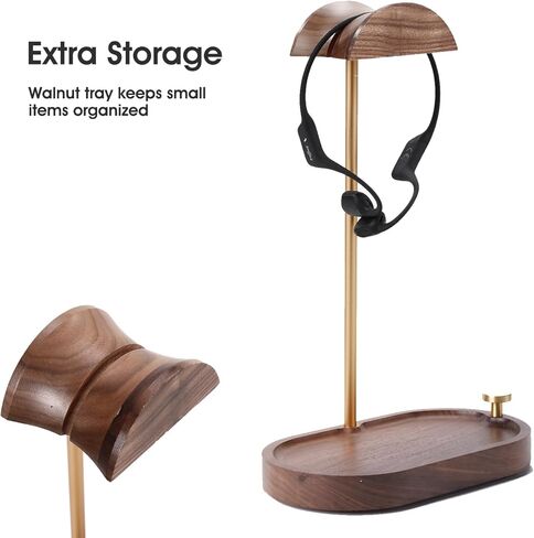 Headphone Stand Wood, Wooden Headphone Stand for Desk, Solid Walnut Headset Holder with Storage Base Compatible with Airpods Max, Bose, Razer, Sennheiser, Shure, Jabra, JBL, AKG, Brass in Saudi Arabia