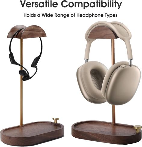 Headphone Stand Wood, Wooden Headphone Stand for Desk, Solid Walnut Headset Holder with Storage Base Compatible with Airpods Max, Bose, Razer, Sennheiser, Shure, Jabra, JBL, AKG, Brass in Saudi Arabia