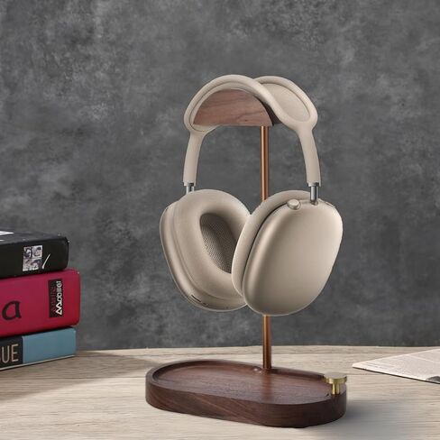 Headphone Stand Wood, Wooden Headphone Stand for Desk, Solid Walnut Headset Holder with Storage Base Compatible with Airpods Max, Bose, Razer, Sennheiser, Shure, Jabra, JBL, AKG, Brass in Saudi Arabia