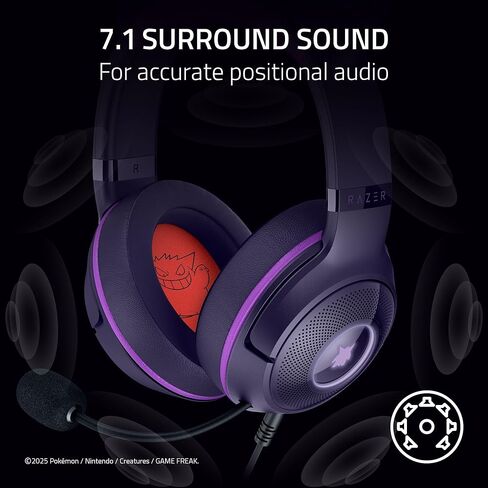 سماعة الرأس السلكية Razer Kraken Kitty V2 USB: Gengar Spikes - تيار الإضاءة التفاعلية - ميكروفون قلبي فائق الوضوح - برامج تشغيل 40 مم - صوت محيطي 7.1 - وسائد أذن مريحة - إصدار Pokemon Gengar in Kuwait