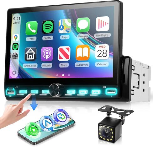 Single Din Touch Screen Car Radio with Wireless Carplay and Android Auto, 7 Inch Single Din Car Stereo with Bluetooth, FM Radio, EQ, Online Video, Mirror Link, USB/Type-C, SWC+ Camera in Saudi Arabia