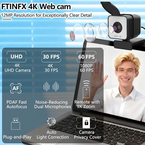 4K USB Webcam with Dual Microphones, 9X Hybrid Zoom, Auto Light Correction, 86° Wide Angle for Video Conferencing, Live Streaming, Remote Work, Compatible with PC Desktop Laptop in Saudi Arabia