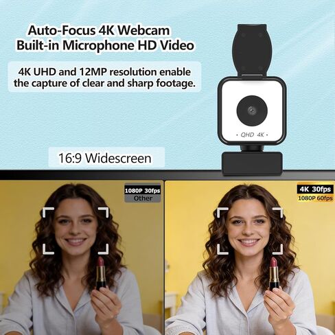 4K USB Webcam with Dual Microphones, 9X Hybrid Zoom, Auto Light Correction, 86° Wide Angle for Video Conferencing, Live Streaming, Remote Work, Compatible with PC Desktop Laptop in Saudi Arabia