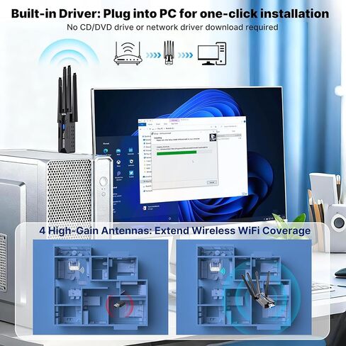 محول واي فاي بسرعة 1800 ميجابت في الثانية للكمبيوتر المكتبي، دونجل شبكة USB 3.0 لاسلكي مع هوائيات عالية الكسب 4 × 5 ديسيبل، نطاق مزدوج 2.4 جيجا هرتز/5 جيجا هرتز لأجهزة الكمبيوتر المحمول المتوافقة مع نظام التشغيل Windows11/10/8/7 - AX1840 in Kuwait
