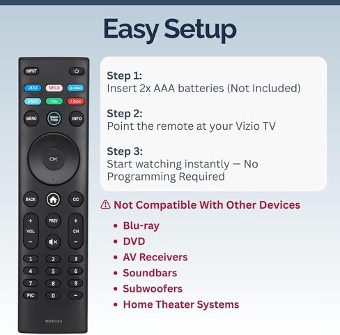 XRT140R Vizio Smart TV Remote Replacement - Easy Setup, Infrared, Shortcut Keys, Universal Remote for SmartCast TVs - Vizio Remote Control Replacement for D, E, M, P, V, PX, OLED Series in Saudi Arabia