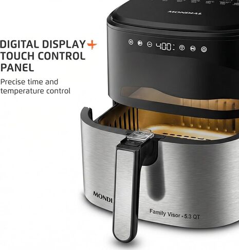 مونديال - مقلاة هوائية رقمية بحاجب إينوكس سعة 5.3 كيو تي - قوة عالية ولمسة نهائية أنيقة من الفولاذ المقاوم للصدأ - أسود وإينوكس in Kuwait