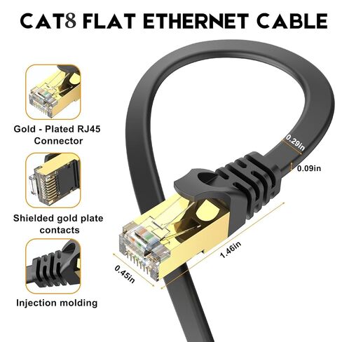 كابل إيثرنت CAT8 عالي السرعة بطول 6 أقدام، كابل إنترنت مسطح محمي، مقاوم للطقس S/FTP مقاوم للأشعة فوق البنفسجية لجهاز التوجيه/الألعاب/المودم - أسود in Kuwait