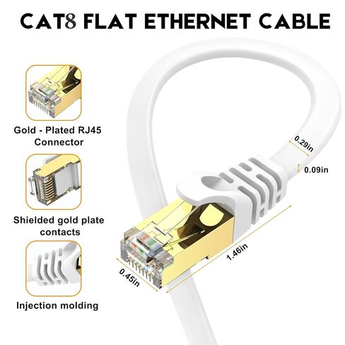 كابل إيثرنت CAT8 عالي السرعة بطول 6 أقدام، كابل إنترنت مسطح محمي، مقاوم للطقس S/FTP للأشعة فوق البنفسجية لجهاز التوجيه/الألعاب/المودم - أبيض in Kuwait