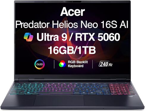 كمبيوتر محمول للألعاب Acer Predator Helios Neo 16S AI مقاس 16.0 بوصة 240 هرتز OLED WQXGA (Intel Ultra 9 275HX، GeForce RTX 5060 8GB، 32GB DDR5، 1 تيرابايت SSD، AI Copilot، Thunderbolt 4، RGB KB، Wi-Fi 6E، Win 11 Home) in Kuwait
