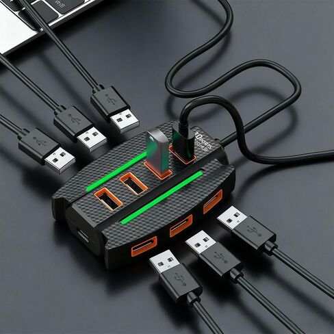 1 قطعة محور USB 2.0 عالي السرعة 10 منافذ مع أضواء RGB، مقسم متعدد الأجهزة ونقل البيانات، التوصيل والتشغيل، لملحقات الكمبيوتر in Kuwait
