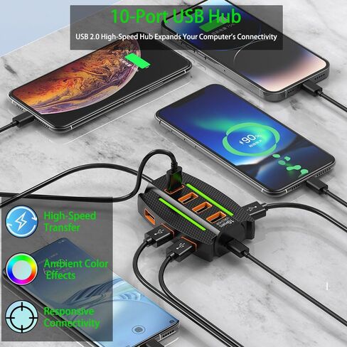 1 قطعة محور USB 2.0 عالي السرعة 10 منافذ مع أضواء RGB، مقسم متعدد الأجهزة ونقل البيانات، التوصيل والتشغيل، لملحقات الكمبيوتر in Kuwait