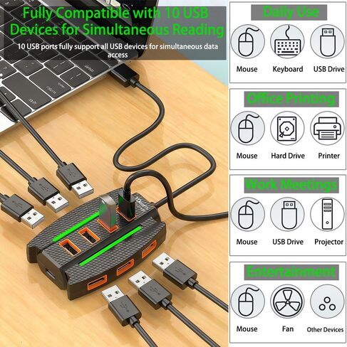 1 قطعة محور USB 2.0 عالي السرعة 10 منافذ مع أضواء RGB، مقسم متعدد الأجهزة ونقل البيانات، التوصيل والتشغيل، لملحقات الكمبيوتر in Kuwait