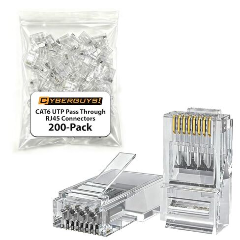 Cyberguys CAT6 UTP تمر عبر موصلات RJ45 - 200 حزمة من المقابس المعيارية 50μ 8P8C مطلية بالذهب، تدعم كابلات إيثرنت 24-25AWG، نهايات شبكة عالية السرعة 10 جيجابت في الثانية، سهلة التركيب باستخدام أدوات التجعيد 200 حزمة in Saudi Arabia