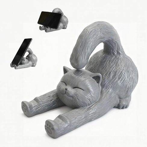 Cute Phone Stand for Desk Decor, Gray Cat Cell Phone Holder, Stable iPad Stand for Desk, Charming Desk Accessories for Women and Cat Lovers, Perfect Christmas and Birthday Gifts for Teens in Saudi Arabia