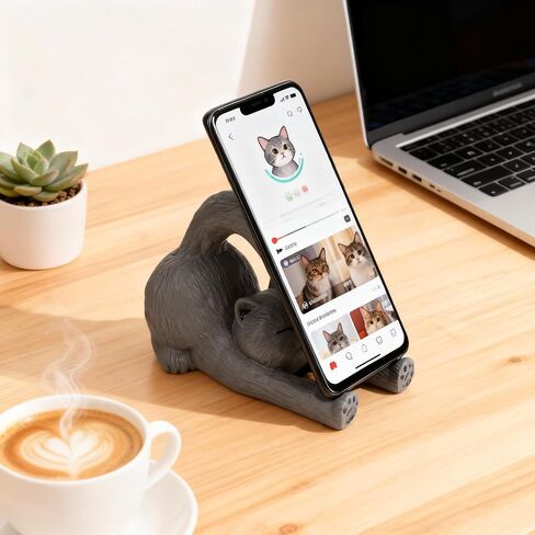 Cute Phone Stand for Desk Decor, Gray Cat Cell Phone Holder, Stable iPad Stand for Desk, Charming Desk Accessories for Women and Cat Lovers, Perfect Christmas and Birthday Gifts for Teens in Saudi Arabia