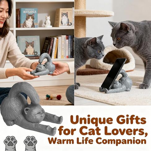 Cute Phone Stand for Desk Decor, Gray Cat Cell Phone Holder, Stable iPad Stand for Desk, Charming Desk Accessories for Women and Cat Lovers, Perfect Christmas and Birthday Gifts for Teens in Saudi Arabia