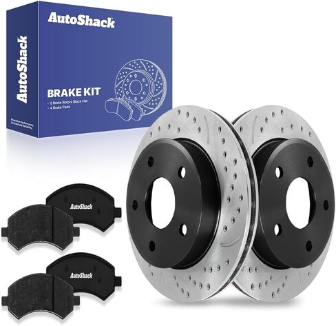 AutoShack Front Drilled & Slotted Brake Rotors Ceramic Brake Pads | Replacement for 2005-2011 Ram Dakota 2006-2009 Mitsubishi Raider 3.7L 4WD AWD RWD | E-Coated | 6-PC Brake Kit | ShadowGuard in Saudi Arabia