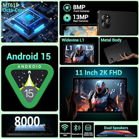 تابلت، تابلت 11 بوصة، تابلت Android 15 مع قلم لوحة مفاتيح وماوس، T615 ثماني النواة، ذاكرة وصول عشوائي 36 جيجابايت + ذاكرة وصول عشوائي 256 جيجابايت، Gemini AI، 8000 مللي أمبير، Widevine L1، 5G WiFi، كاميرا 16 ميجابكسل، GPS، OTG، تابلت للألعاب - أسود in Kuwait