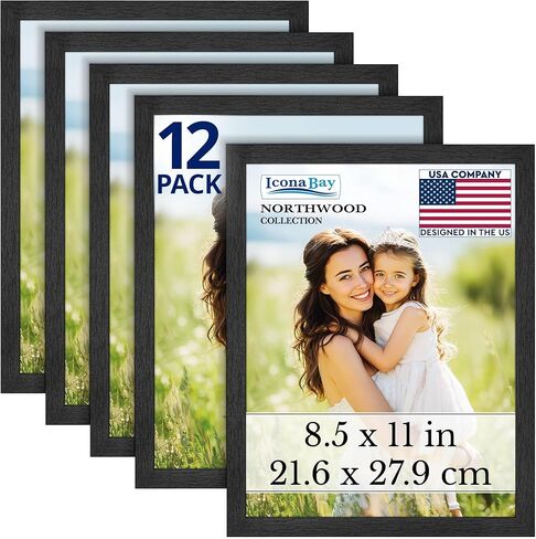 Icona Bay - إطارات دبلوم/شهادة مقاس 8.5x11 - بلسم أسود، 12 حزمة - إطارات صور بنمط خشبي محبب حديث للمستندات والدرجات والجوائز والصور - سطح الطاولة/التركيب على الحائط - مجموعة Northwood in Saudi Arabia