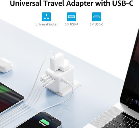 European Travel Plug Adapter, Universal Travel Adapter with 5 Ports (3 USB-A/1 USB-C), Portable Universal Power Adapter Converter for US EU UK AU (Type C/G/A/I) in Saudi Arabia