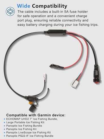 Replacement for 010-12676-35 Power Cable with Charge Port Plug and 5A Fuse Holder Compatible with ECHOMAP, Large Portable, Panoptix Series Ice Fishing Bundle and kit in Saudi Arabia