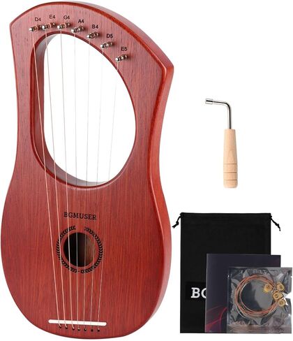 BGMUSER Lyre Harp 7 أوتار مع حقيبة، مفتاح ضبط، أوتار معدنية، جسم الماهوجني وسرج العظام، أداة قيثارة صغيرة للمبتدئين in Kuwait