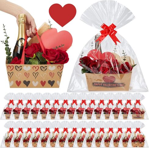 Kolldenn 96 PCS سلة زهرة عيد الأم للهدايا فارغة 9.8 × 6.5 '' سلة الهدايا الزهرية لملء صندوق باقة أرجواني وردي مع مقابض أقواس البلاستيك وبطاقة لترتيب حفل زفاف شاي حفلة in Saudi Arabia