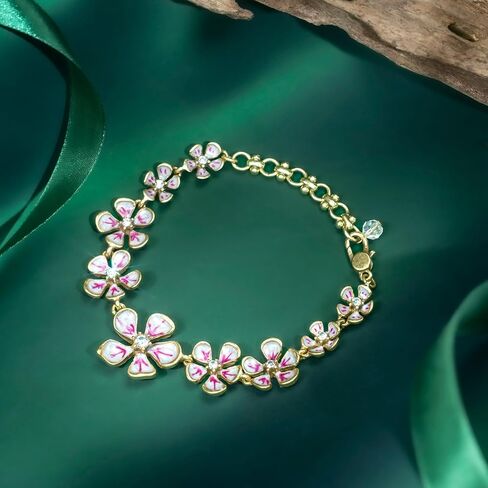 HZMAN Vintage Brass Floral Bracelet for Women, Hypoallergenic, Adjustable 7.5-9 Inch, Enamel Craft with Crystal Center, Gift Idea in Saudi Arabia