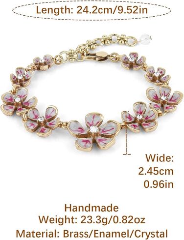 HZMAN Vintage Brass Floral Bracelet for Women, Hypoallergenic, Adjustable 7.5-9 Inch, Enamel Craft with Crystal Center, Gift Idea in Saudi Arabia