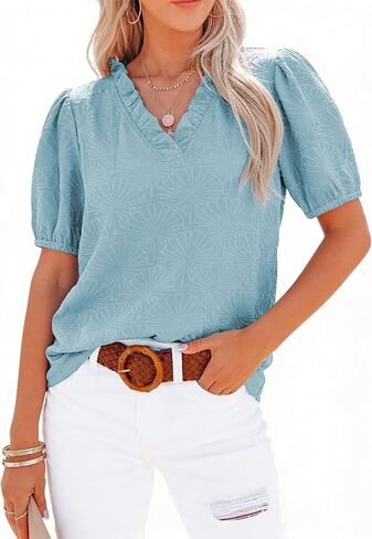 DOKOTOO Women's Casual V Neck Short Sleeve Textured Tops Lettuce Trim T Shirts Tee Blouses in Saudi Arabia
