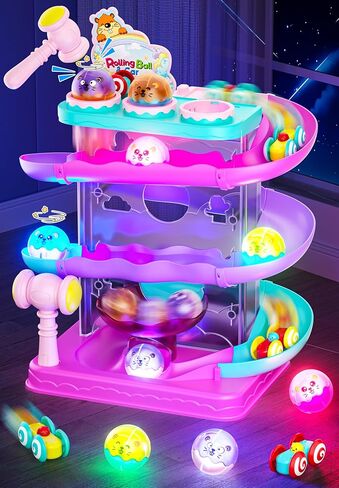 2-in-1 Rolling Ball & Car Ramp Race Track for Toddlers, Hammer Ball Drop Toy for Boys & Girls, Interactive Toys w/Sensor Lights - Montessori STEM Learning Toys - Brithday Gift for Kids 1-5+ Year Old in Saudi Arabia