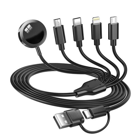 كابل شحن متعدد 5 في 2 لشاحن ساعة Apple: مدخل USB A/C، Lightning/Type C/Micro/Mini B/مخرج لاسلكي، متوافق مع iPhone 15-13، iWatch 1-9، Galaxy S23-22، 4FT (أسود) in Saudi Arabia