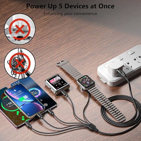 كابل شحن متعدد 5 في 2 لشاحن ساعة Apple: مدخل USB A/C، Lightning/Type C/Micro/Mini B/مخرج لاسلكي، متوافق مع iPhone 15-13، iWatch 1-9، Galaxy S23-22، 4FT (أسود) in Saudi Arabia