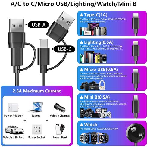 كابل شحن متعدد 5 في 2 لشاحن ساعة Apple: مدخل USB A/C، Lightning/Type C/Micro/Mini B/مخرج لاسلكي، متوافق مع iPhone 15-13، iWatch 1-9، Galaxy S23-22، 4FT (أسود) in Saudi Arabia